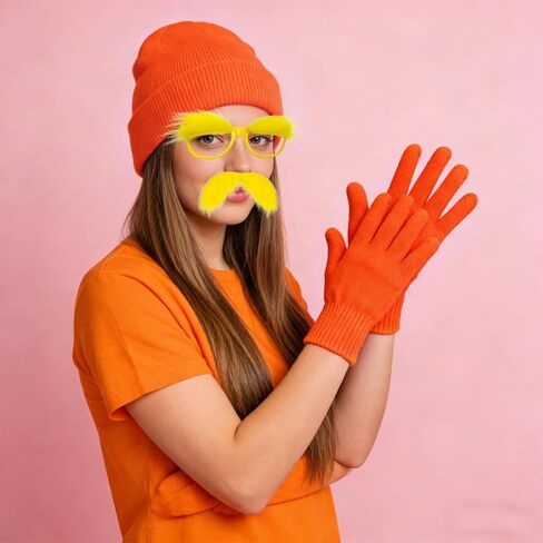 مجموعة إكسسوارات كوسوتي برتقالية مكونة من 4 قطع تتضمن قفازات قبعة صغيرة برتقالية ونظارات حواجب صفراء وشارب مزيف أصفر للرجال والنساء ويوم الكتاب العالمي ومستلزمات الحفلات التنكرية للهالوين in Kuwait