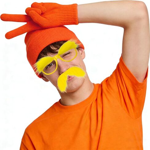 مجموعة إكسسوارات كوسوتي برتقالية مكونة من 4 قطع تتضمن قفازات قبعة صغيرة برتقالية ونظارات حواجب صفراء وشارب مزيف أصفر للرجال والنساء ويوم الكتاب العالمي ومستلزمات الحفلات التنكرية للهالوين in Kuwait