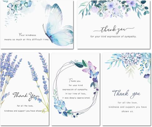 Hunanyume 50 Pack Funeral Thank You Cards with Envelopes, Stickers & Message Inside, 4×6 in Watercolor Flowers Butterflies Bereavement Sympathy Thank You Cards for Funeral Family Friends Loved Ones in Kuwait
