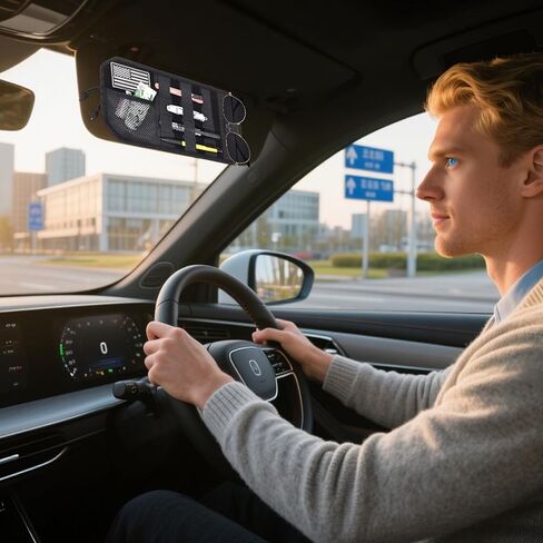 منظم حاجب الشمس للسيارة 1000D، منظم حاجب الشمس مع سحاب ومشبك نظارات (أسود) in Kuwait