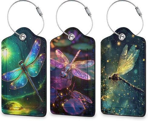 Dragonfly Luggage Tags for Suitcases, 3 Pack Leather Bag Tag Identifiers with Stainless Steel Loop and Address Card for Men Women in Saudi Arabia