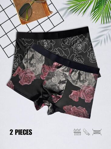 2 PCS Mens Fashion Boxer Briefs Floral Print Trunks Classic Four Corner Underwear Set for Daily Wear Casual Use in Saudi Arabia