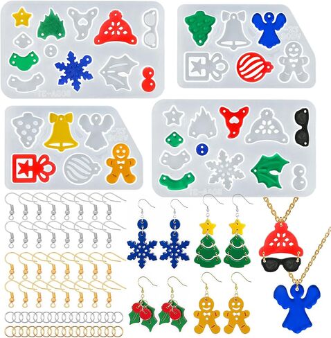 4 Pack Christmas Resin Earring Molds with Holes, Various Shapes Christmas Tree & Snowflake Silicone Mold for DIY Jewelry Pendant Stud Dangle Drop Earring Handmade Gift in Kuwait