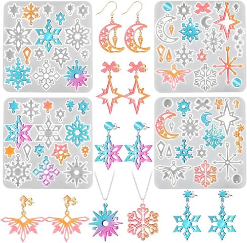4 Pack Christmas Resin Earring Molds with Holes, Various Shapes Christmas Tree & Snowflake Silicone Mold for DIY Jewelry Pendant Stud Dangle Drop Earring Handmade Gift in Kuwait