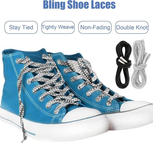 MVVM Rhinestone Shoe Laces, Glitter Crystal Shoelaces with Sparkling Diamonds for Sneakers, Tennis Shoes, Hoodies, Rave Outfits & Festival Accessories (Silver & Black) in Kuwait