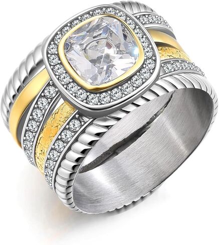 2 Tone Intertwined Crossover Statement Ring for Women,Stainless Steel Cubic Zirconia Wedding Rings for Women,Fashion Chunky Wide Index Finger Rings Jewelry in Kuwait