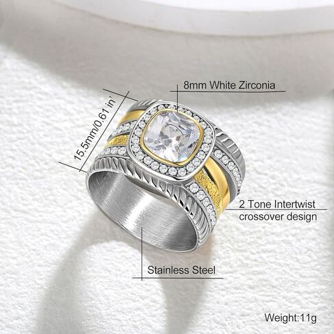 2 Tone Intertwined Crossover Statement Ring for Women,Stainless Steel Cubic Zirconia Wedding Rings for Women,Fashion Chunky Wide Index Finger Rings Jewelry in Kuwait