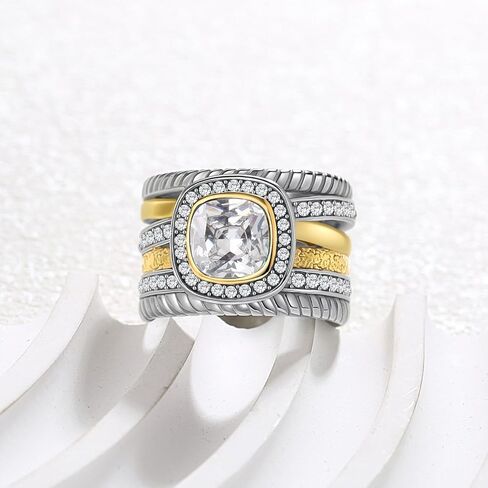 2 Tone Intertwined Crossover Statement Ring for Women,Stainless Steel Cubic Zirconia Wedding Rings for Women,Fashion Chunky Wide Index Finger Rings Jewelry in Kuwait