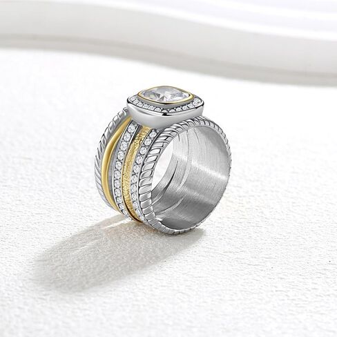 2 Tone Intertwined Crossover Statement Ring for Women,Stainless Steel Cubic Zirconia Wedding Rings for Women,Fashion Chunky Wide Index Finger Rings Jewelry in Kuwait