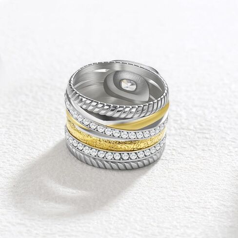 2 Tone Intertwined Crossover Statement Ring for Women,Stainless Steel Cubic Zirconia Wedding Rings for Women,Fashion Chunky Wide Index Finger Rings Jewelry in Kuwait