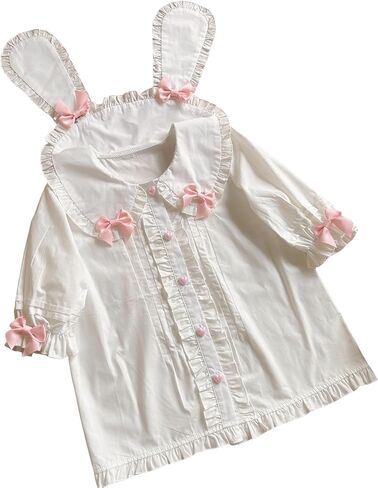 Sweet Lolita Bunny Rabbit Ear Bow Blouse for Girls Students Cute Ruffled Short Sleeve Shirt Top Shirts in Saudi Arabia