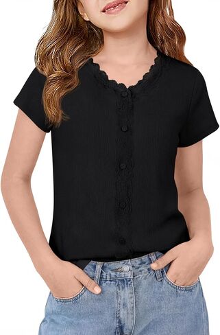Haloumoning Girls Lace Trim Short Sleeve Shirts Kids Summer Button Tops Soft Knit Blouse Tees 5-14 Years in Saudi Arabia
