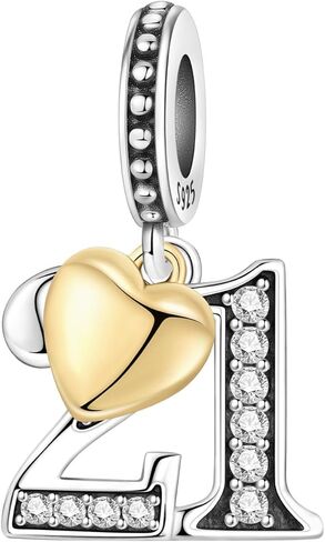 Number Charm for Bracelet & Necklace, Sterling Silver 925 with Cubic Zirconia & 18K Gold Plated Heart, Anniversary Birthday Age Gift (10 13 15 16 18 20 21 25 30 40 50 60) in Saudi Arabia