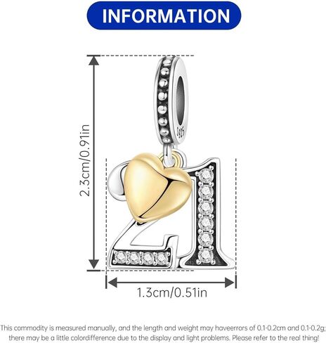 Number Charm for Bracelet & Necklace, Sterling Silver 925 with Cubic Zirconia & 18K Gold Plated Heart, Anniversary Birthday Age Gift (10 13 15 16 18 20 21 25 30 40 50 60) in Saudi Arabia