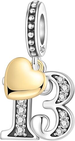 Number Charm for Bracelet & Necklace, Sterling Silver 925 with Cubic Zirconia & 18K Gold Plated Heart, Anniversary Birthday Age Gift (10 13 15 16 18 20 21 25 30 40 50 60) in Saudi Arabia