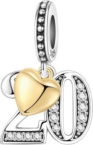 Number Charm for Bracelet & Necklace, Sterling Silver 925 with Cubic Zirconia & 18K Gold Plated Heart, Anniversary Birthday Age Gift (10 13 15 16 18 20 21 25 30 40 50 60) in Saudi Arabia