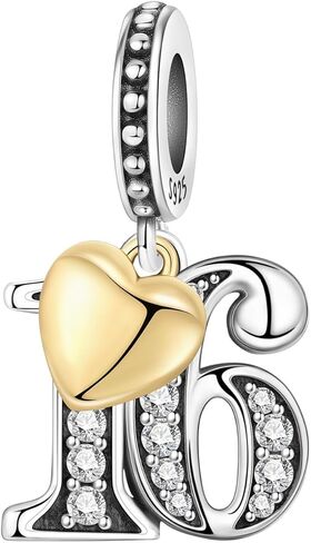 Number Charm for Bracelet & Necklace, Sterling Silver 925 with Cubic Zirconia & 18K Gold Plated Heart, Anniversary Birthday Age Gift (10 13 15 16 18 20 21 25 30 40 50 60) in Saudi Arabia