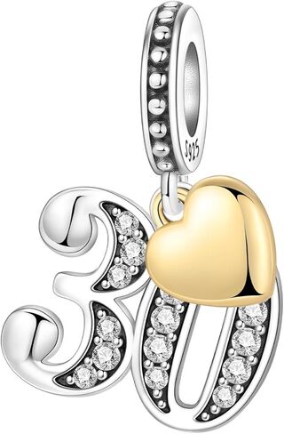 Number Charm for Bracelet & Necklace, Sterling Silver 925 with Cubic Zirconia & 18K Gold Plated Heart, Anniversary Birthday Age Gift (10 13 15 16 18 20 21 25 30 40 50 60) in Saudi Arabia