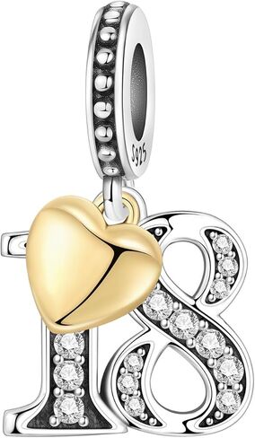 Number Charm for Bracelet & Necklace, Sterling Silver 925 with Cubic Zirconia & 18K Gold Plated Heart, Anniversary Birthday Age Gift (10 13 15 16 18 20 21 25 30 40 50 60) in Saudi Arabia