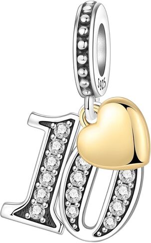 Number Charm for Bracelet & Necklace, Sterling Silver 925 with Cubic Zirconia & 18K Gold Plated Heart, Anniversary Birthday Age Gift (10 13 15 16 18 20 21 25 30 40 50 60) in Saudi Arabia