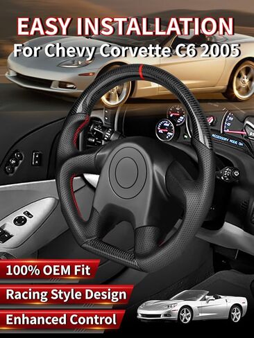Real Carbon Fiber Steering Wheel For Chevy Corvette C6 4 Spoke 2005, Track Style D-Shaped Flat-Bottom, Perforated Nappa Leather Grips, Red Stripe & Stitching (C6 4 SPOKE 2005 ONLY) in Kuwait