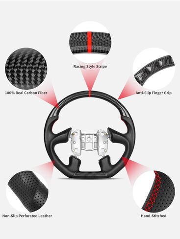 Real Carbon Fiber Steering Wheel For Chevy Corvette C6 4 Spoke 2005, Track Style D-Shaped Flat-Bottom, Perforated Nappa Leather Grips, Red Stripe & Stitching (C6 4 SPOKE 2005 ONLY) in Kuwait