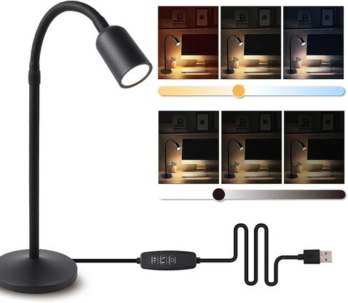 DAMI مصباح مكتب LED قابل للتعتيم يعمل بمنفذ USB، 3 أوضاع ألوان مرنة للقراءة معقوفة، مصباح طاولة صغير للعناية بالعين للمنزل والمكتب وغرفة النوم والنوم بجانب السرير - أسود in Saudi Arabia