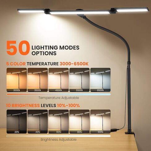 مصباح مكتب LED للمنزل المكتبي، مشبك للعناية بالعين على ضوء المكتب مع مشبك، مصباح مهام مهندس معماري، تعتيم بدون خطوات، مصباح طاولة شاشة الكمبيوتر 3 رؤوس مصباح مكتب قابل للتعديل لقراءة منضدة الدراسة باللون الأسود in Kuwait