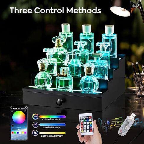 منظم عطر بإضاءة LED للرجال: منظم عطور متعدد أوضاع الإضاءة مع تطبيق وجهاز تحكم عن بعد، حامل عطور خشبي من 4 طبقات مع درج وحجرة مخفية، رف عرض هدية للرجال in Kuwait