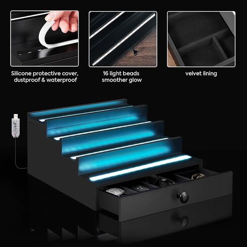 منظم عطر بإضاءة LED للرجال: منظم عطور متعدد أوضاع الإضاءة مع تطبيق وجهاز تحكم عن بعد، حامل عطور خشبي من 4 طبقات مع درج وحجرة مخفية، رف عرض هدية للرجال in Kuwait