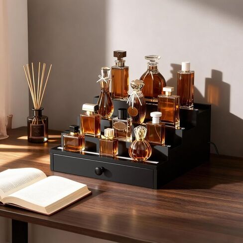 منظم عطر بإضاءة LED للرجال: منظم عطور متعدد أوضاع الإضاءة مع تطبيق وجهاز تحكم عن بعد، حامل عطور خشبي من 4 طبقات مع درج وحجرة مخفية، رف عرض هدية للرجال in Kuwait