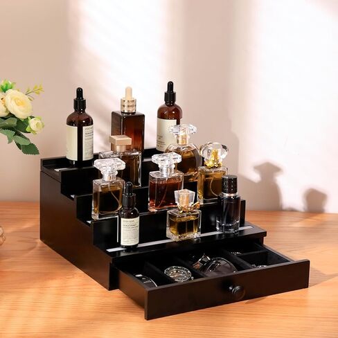 منظم عطر بإضاءة LED للرجال: منظم عطور متعدد أوضاع الإضاءة مع تطبيق وجهاز تحكم عن بعد، حامل عطور خشبي من 4 طبقات مع درج وحجرة مخفية، رف عرض هدية للرجال in Kuwait