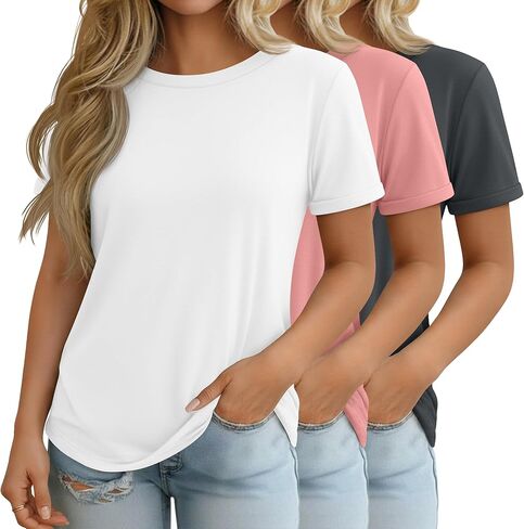 3 Pack Women's Short Sleeve T-Shirts Casual Crewneck Tops Basic Loose Fit Rolled Sleeve Tees Summer Plain Shirts in Saudi Arabia