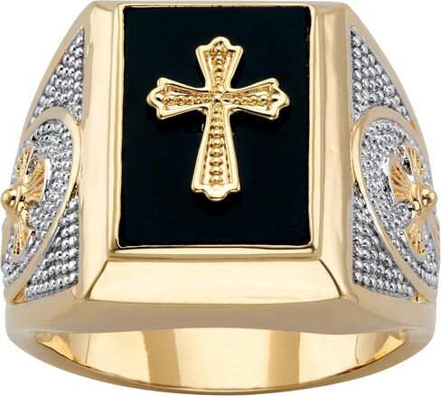 Palm Beach Jewelry Men's 14K Yellow Gold Plated Rectangular Shaped Natural Black Onyx Textured Cross Ring in Saudi Arabia
