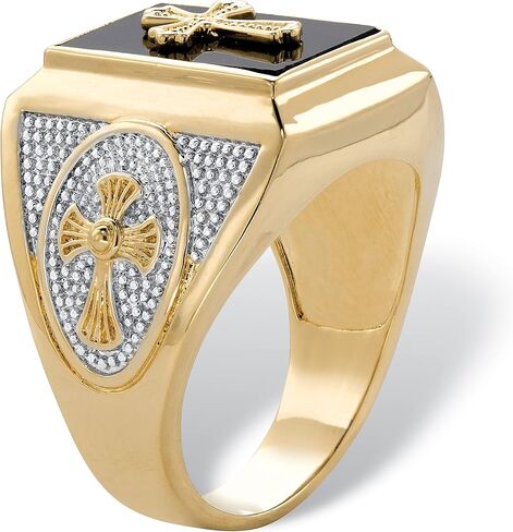 Palm Beach Jewelry Men's 14K Yellow Gold Plated Rectangular Shaped Natural Black Onyx Textured Cross Ring in Saudi Arabia