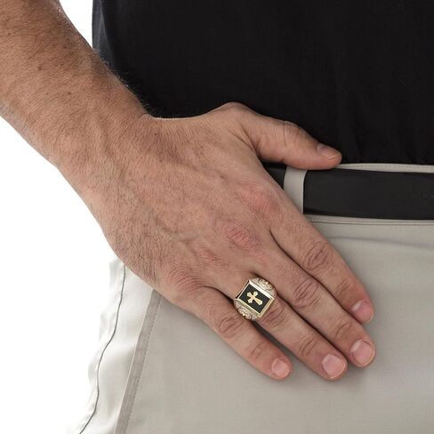 Palm Beach Jewelry Men's 14K Yellow Gold Plated Rectangular Shaped Natural Black Onyx Textured Cross Ring in Saudi Arabia