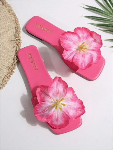 GORGLITTER Women's 3D Flower Sandals Floral Dressy Open Square Toe Flat Sandals Summer Beach Slides 2026 in Saudi Arabia