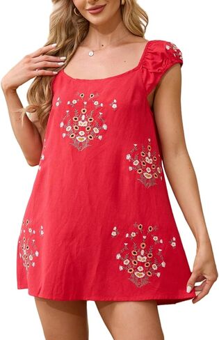 Linen Mini Cute Dress Women Floral Embroidered Dress with Crew Neck and Sleeveless Casual Guest Vintage Dresses in Saudi Arabia