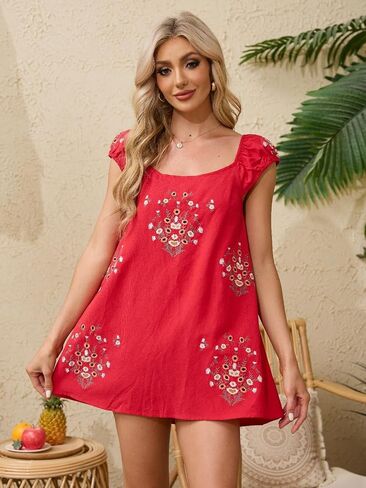 Linen Mini Cute Dress Women Floral Embroidered Dress with Crew Neck and Sleeveless Casual Guest Vintage Dresses in Saudi Arabia