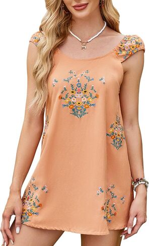 Linen Mini Cute Dress Women Floral Embroidered Dress with Crew Neck and Sleeveless Casual Guest Vintage Dresses in Saudi Arabia