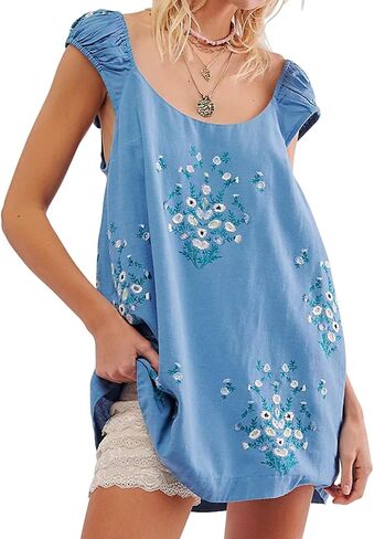 Linen Mini Cute Dress Women Floral Embroidered Dress with Crew Neck and Sleeveless Casual Guest Vintage Dresses in Kuwait