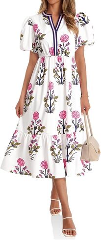 Cicy Bell Womens Summer Floral Print Maxi Dress A Line Puff Short Sleeve V Neck Boho Dresses Flowy Beach Vacation Outfits in Kuwait