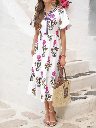 Cicy Bell Womens Summer Floral Print Maxi Dress A Line Puff Short Sleeve V Neck Boho Dresses Flowy Beach Vacation Outfits in Kuwait