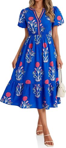 Cicy Bell Womens Summer Floral Print Maxi Dress A Line Puff Short Sleeve V Neck Boho Dresses Flowy Beach Vacation Outfits in Kuwait