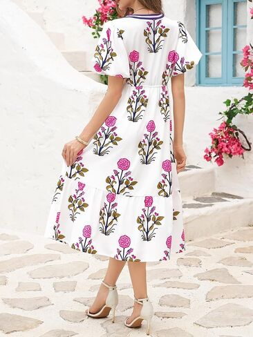 Cicy Bell Womens Summer Floral Print Maxi Dress A Line Puff Short Sleeve V Neck Boho Dresses Flowy Beach Vacation Outfits in Kuwait