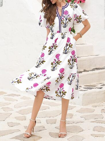 Cicy Bell Womens Summer Floral Print Maxi Dress A Line Puff Short Sleeve V Neck Boho Dresses Flowy Beach Vacation Outfits in Kuwait