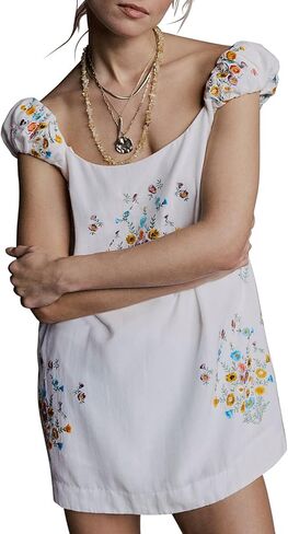 Linen Mini Cute Dress Women Floral Embroidered Dress with Crew Neck and Sleeveless Casual Guest Vintage Dresses in Saudi Arabia