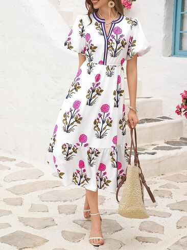 Cicy Bell Womens Summer Floral Print Maxi Dress A Line Puff Short Sleeve V Neck Boho Dresses Flowy Beach Vacation Outfits in Kuwait