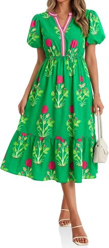 Cicy Bell Womens Summer Floral Print Maxi Dress A Line Puff Short Sleeve V Neck Boho Dresses Flowy Beach Vacation Outfits in Kuwait