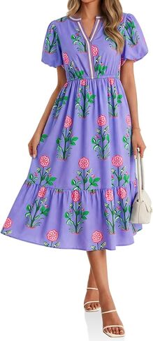 Cicy Bell Womens Summer Floral Print Maxi Dress A Line Puff Short Sleeve V Neck Boho Dresses Flowy Beach Vacation Outfits in Kuwait
